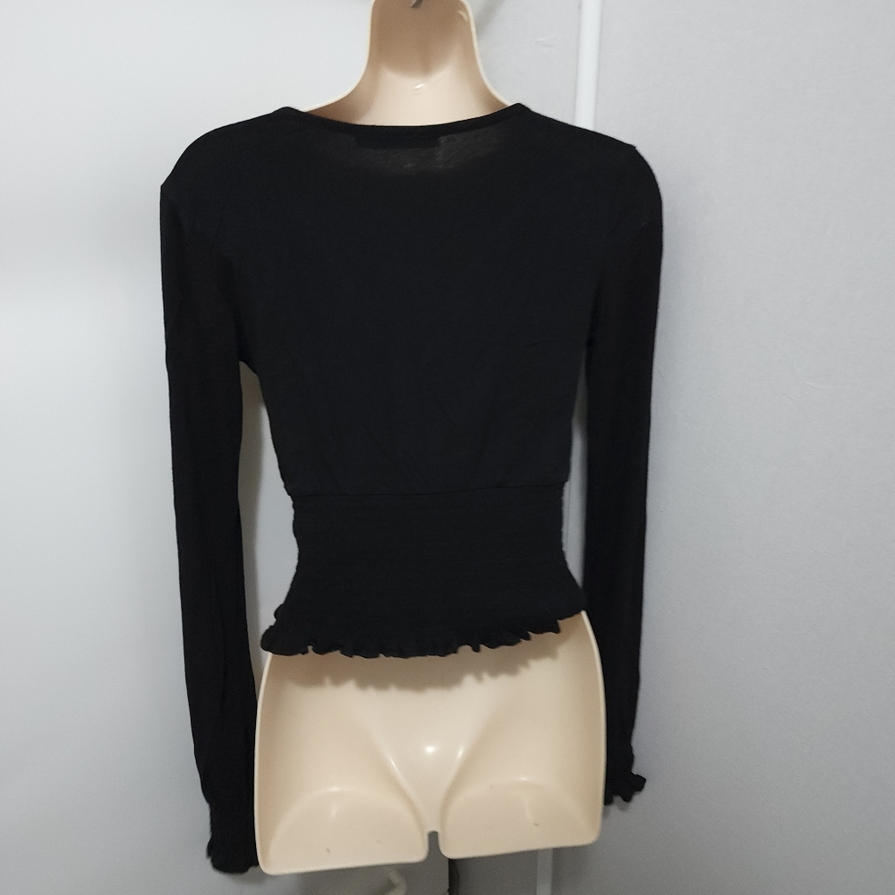 Aus S Glassons Black Wrap Front Long Sleeve Stretch Crop Top - Picture 12 of 16